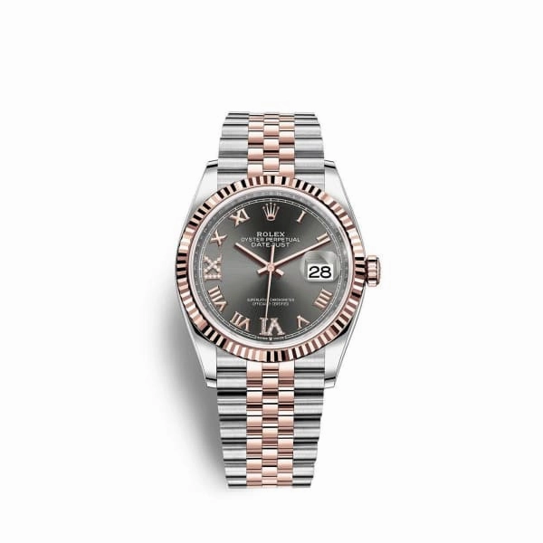 Rolex Datejust 36mm - Ref: 126231-0023 - Dark Rhodium Roman Diamond Dial, Two Tone Stainless Steel & 18K Rose Gold Jubilee Bracelet Watch