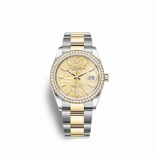 Rolex Datejust 36mm - Ref: 126283rbr-0024 - Golden Palm Motif Dial & Diamond Bezel, Two Tone Stainless Steel & 18K Yellow Gold Oyster Bracelet Watch