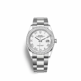 Rolex Datejust 36mm - Ref: 126284rbr-0018 - White Roman Dial & Diamond Bezel, Stainless Steel Oyster Bracelet Watch