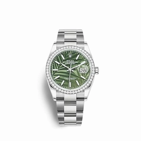 Rolex Datejust 36mm - Ref: 126284rbr-0040 - Green Palm Motif Dial & Diamond Bezel, Stainless Steel Oyster Bracelet Watch