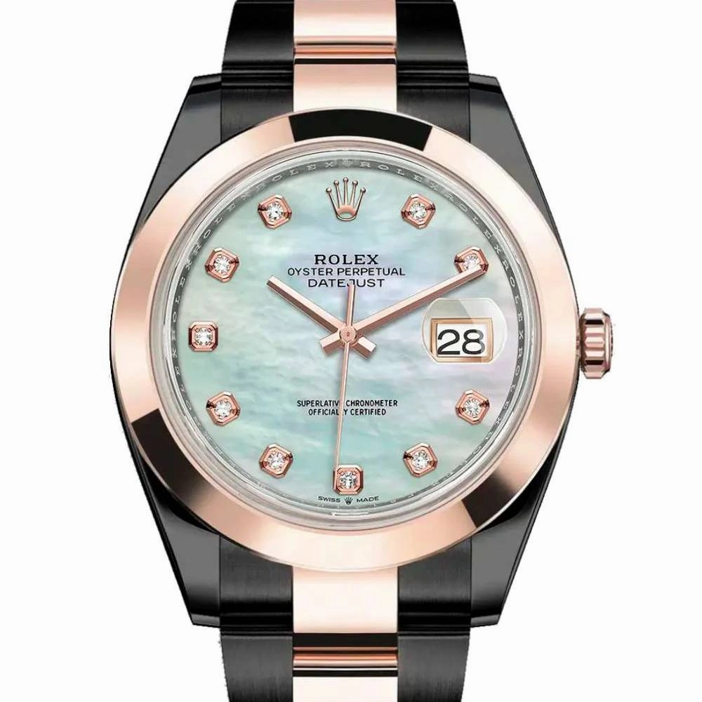 Rolex Datejust 41mm - Ref: 126301-0013 (PVD) - White Mother of Pearl Diamond Dial, Two Tone Black PVD & 18K Rose Gold Oyster Bracelet Men's Watch