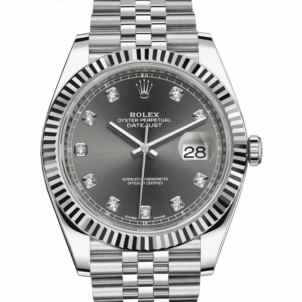 Rolex Datejust 41mm - Ref: 126334-0006 - Rhodium Grey Diamond Dial, Stainless Steel Jubilee Bracelet Men's Watch