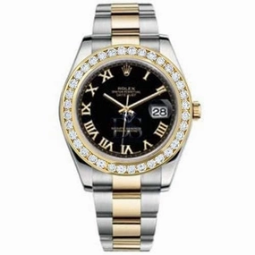 Rolex Datejust II 41mm - Ref: 116300BKRODB - Black Roman Dial & Custom Diamond Bezel Two Tone Stainless Steel & 18K Yellow Gold Oyster Bracelet Men's Watch