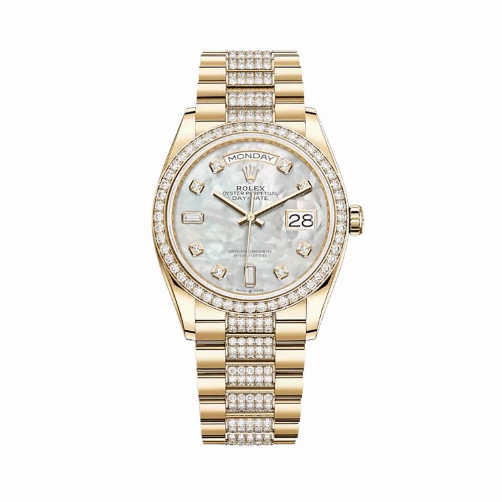 Rolex Day-Date 36 128348RBR Yellow Gold Diamond Bezel Mother of Pearl Diamond Dial