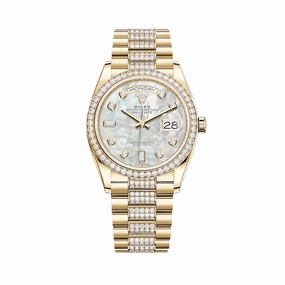 Rolex Day-Date 36 128348RBR Yellow Gold Diamond Bezel Mother of Pearl Diamond Dial