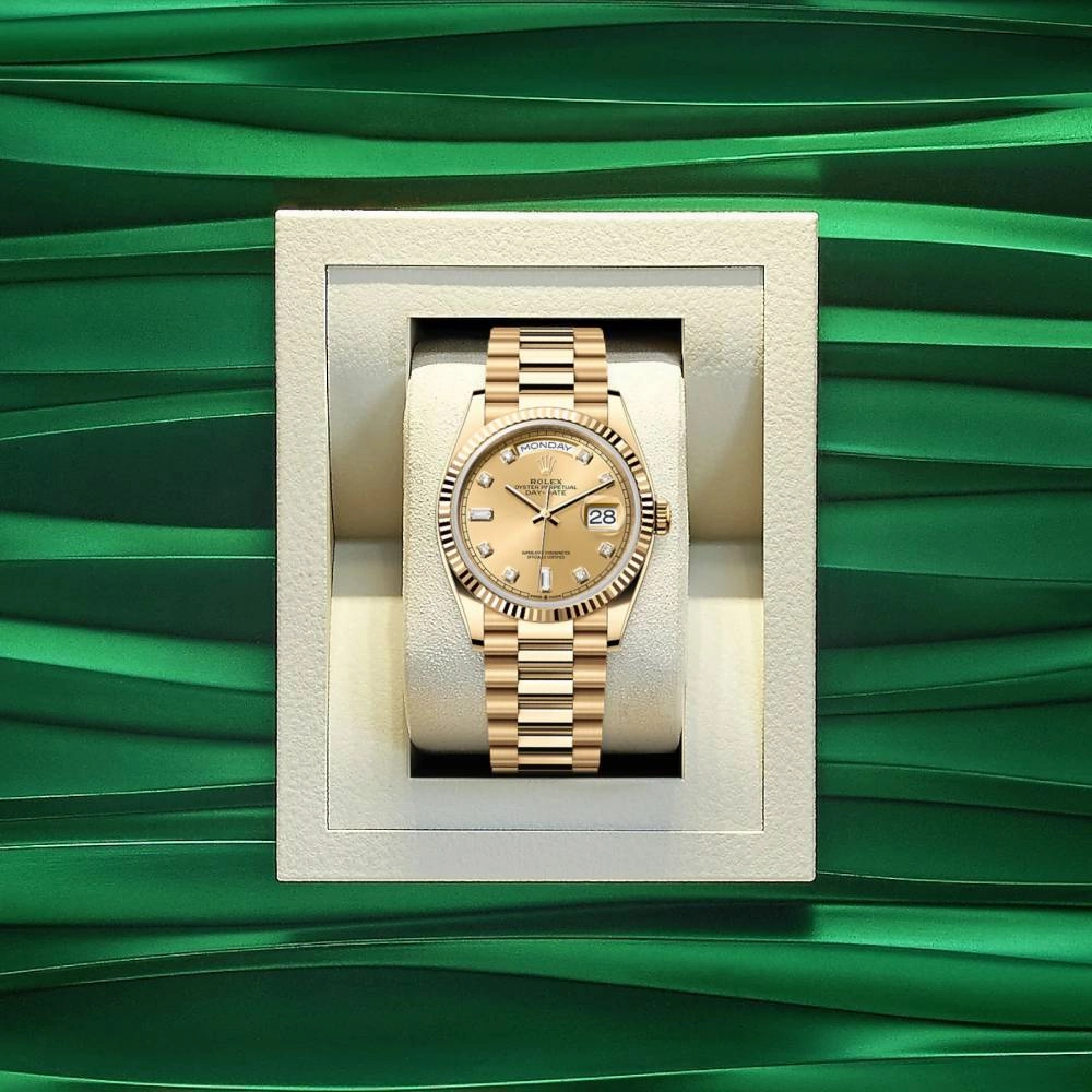 Rolex Day Date 36mm - Ref: 128238-0008 - Champagne Diamond Dial & Fluted Bezel, 18K Yellow Gold President Bracelet Watch