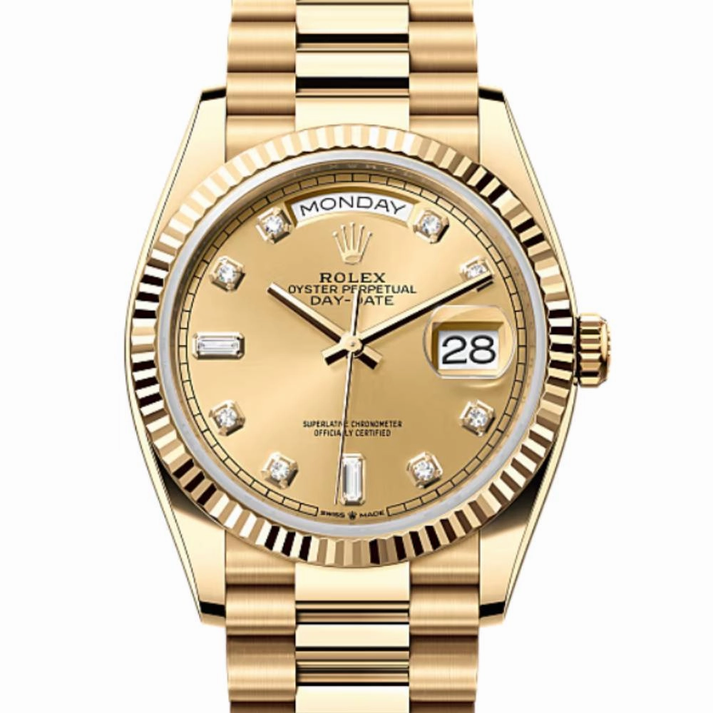 Rolex Day Date 36mm - Ref: 128238-0008 - Champagne Diamond Dial & Fluted Bezel, 18K Yellow Gold President Bracelet Watch