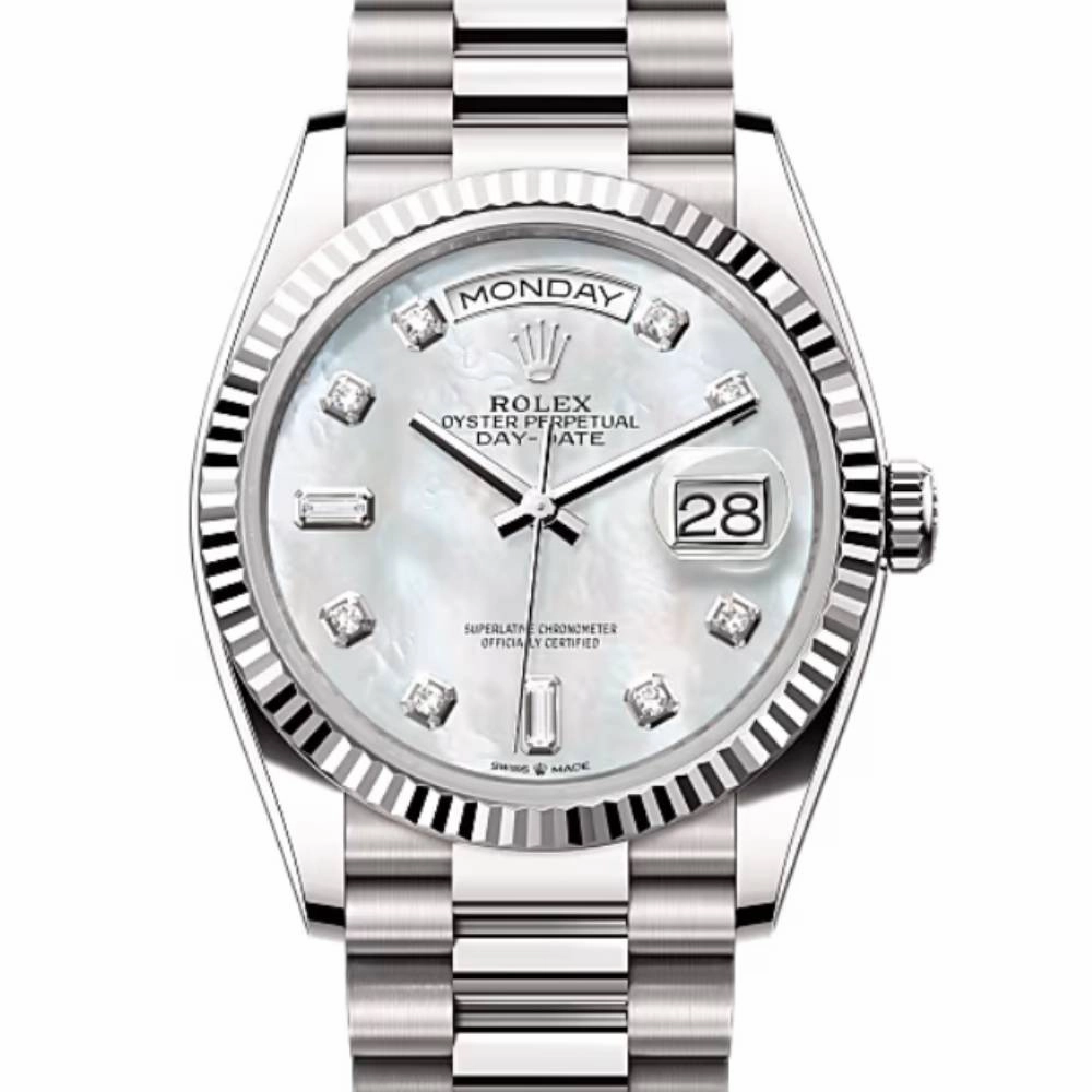Rolex Day Date 36mm - Ref: 128239-0007 - White Mother of Pearl Diamond Dial & Fluted Bezel, 18K White Gold President Bracelet Watch