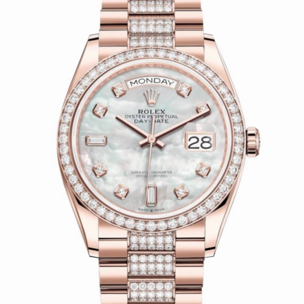 Rolex Day Date 36mm - Ref: 128345rbr-0030 - White Mother of Pearl Diamond Dial & Diamond Bezel, 18K Rose Gold & Diamonds President Bracelet Watch