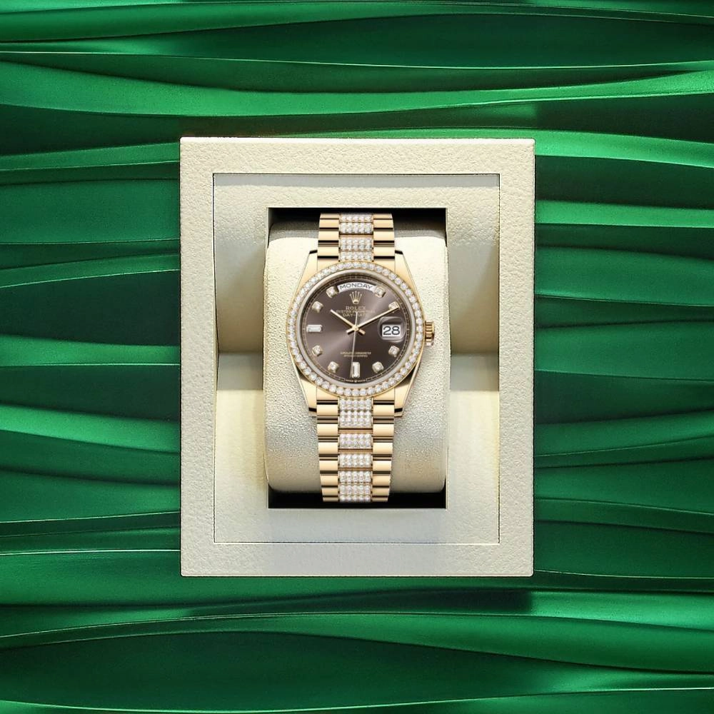 Rolex Day Date 36mm - Ref: 128348rbr-0007 - Dark Grey Diamond Dial & Diamond Bezel, 18K Yellow Gold & Diamonds President Bracelet Watch