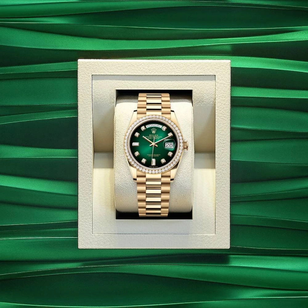 Rolex Day Date 36mm - Ref: 128348rbr-0035 - Green Ombre Diamond Dial & Diamond Bezel, 18K Yellow Gold President Bracelet Watch