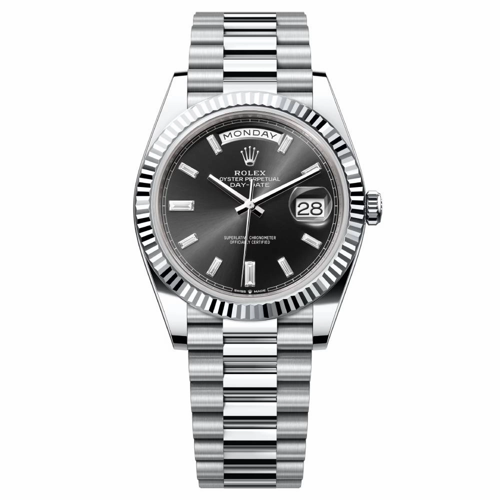 Rolex Day Date 40mm - Ref: 228236-0004 -  Black Diamond Dial & Fluted Bezel, Platinum President Bracelet Men's Watch