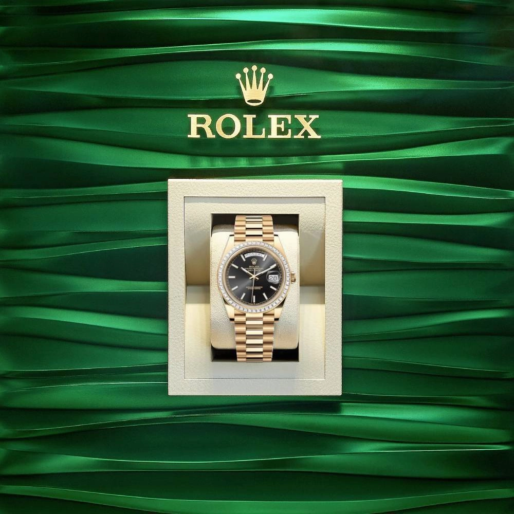 Rolex Day Date 40mm - Ref: 228398TBR - Black Stick Dial & Diamond Bezel, 18K Yellow Gold President Bracelet Men's Watch