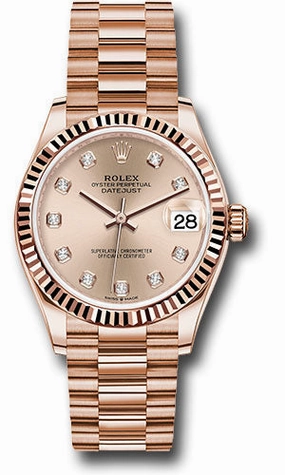 Rolex Everose Gold Datejust 31 Watch - Fluted Bezel - Ros Diamond Dial - President Bracelet 278275 rsdp