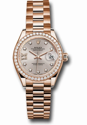 Rolex Everose Gold Lady-Datejust 28 Watch - 44 Diamond Bezel - Silver Sundust Diamond Star Dial - President Bracelet - 279135RBR s9dix8dp