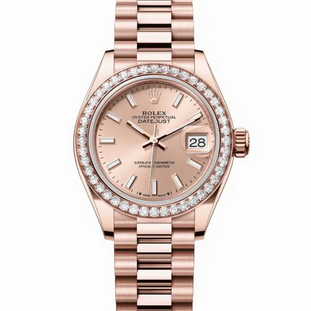 Rolex Lady Datejust 28mm - Ref: 279135rbr-0006 - Sundust Dial & Diamond Bezel, 18K Rose Gold President Bracelet Women's Watch