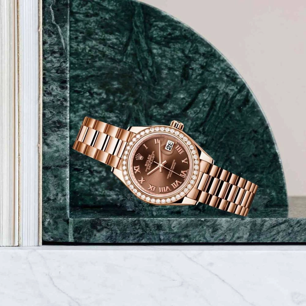Rolex Lady Datejust 28mm - Ref: 279135rbr chorp - Chocolate Dial & Diamond Bezel, 18K Rose Gold Oyster Bracelet Women's Watch