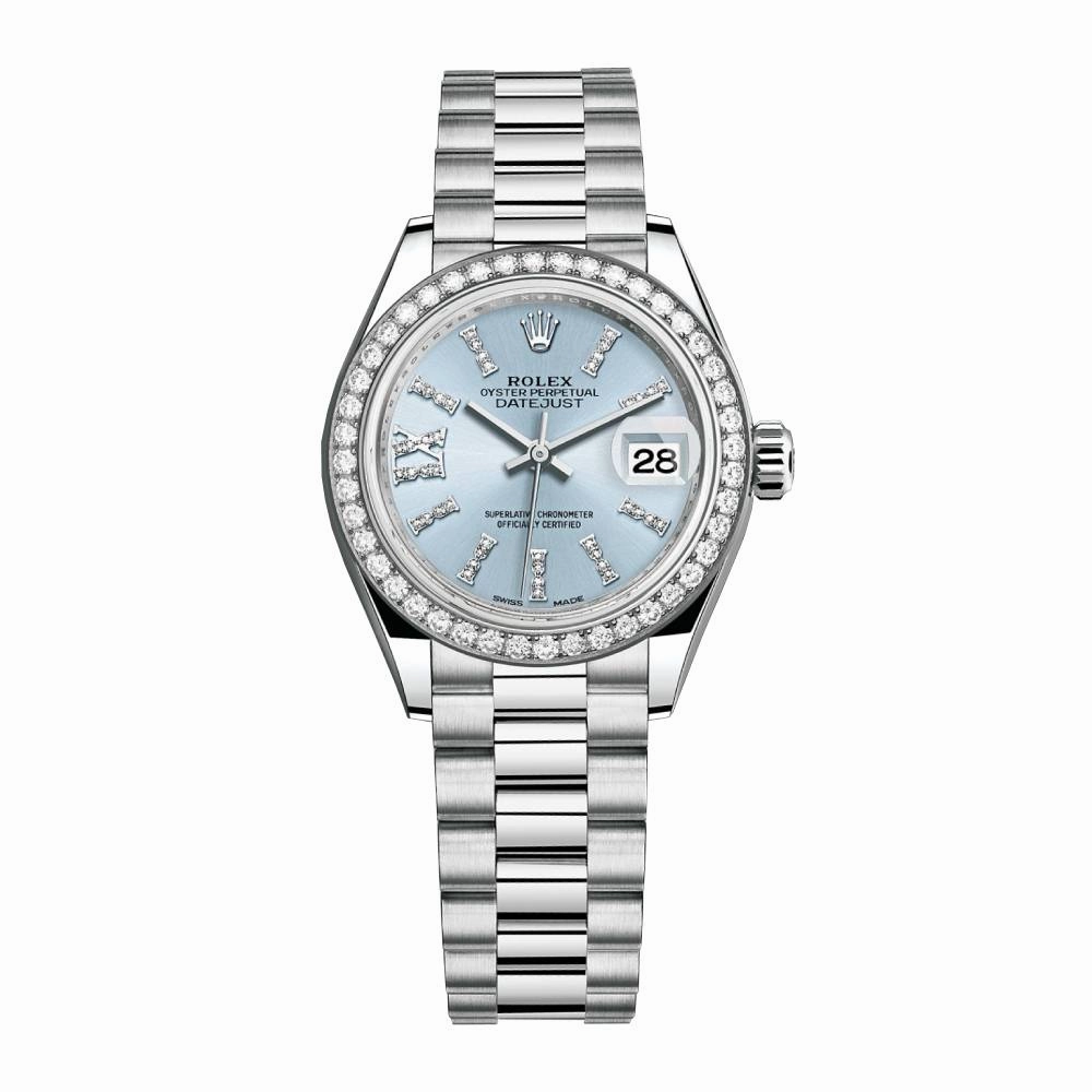 Rolex Lady-Datejust 28mm - Ref: 279136rbr-0001 - Ice Blue Diamond Dial & Diamond Bezel, 18K White Gold Presidential Bracelet Women's Watch