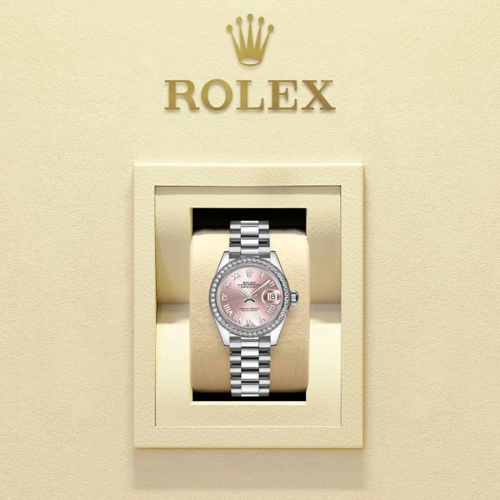 Rolex Lady-Datejust 28mm - Ref: 279136rbr-0012 - Pink Roman Dial & Diamond Bezel, 18K White Gold Presidential Bracelet Women's Watch