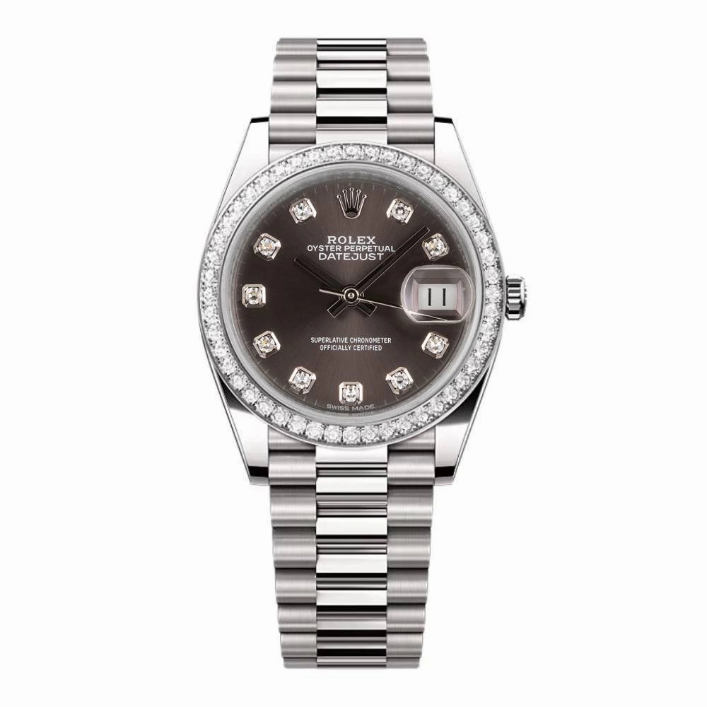 Rolex Lady-Datejust 28mm - Ref: 279136RBR dkgdp - Grey Diamond Dial & Diamond Bezel, Platinum Presidential Bracelet Women's Watch