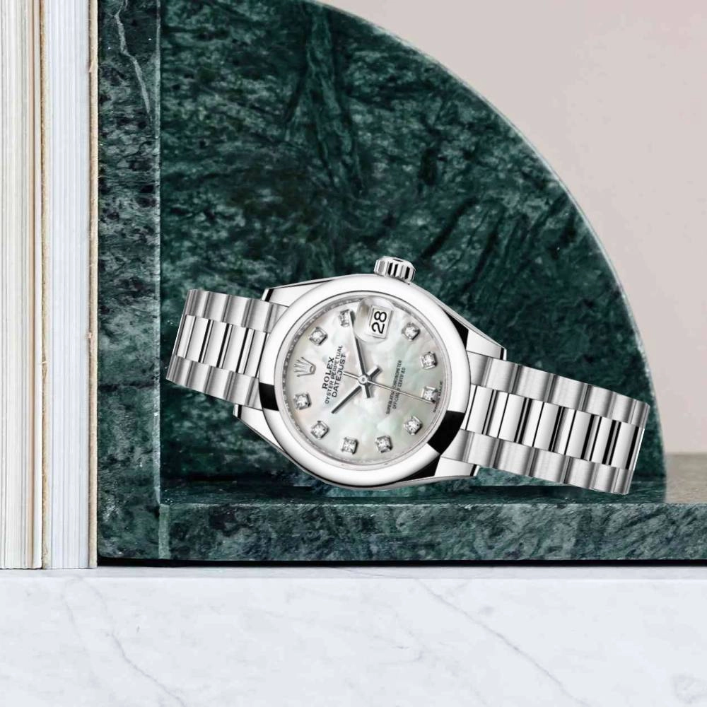 Rolex Lady-Datejust 28mm - Ref: 279166-0008 - White Mother of Pearl Diamond Dial, Platinum President Bracelet Women's Watch