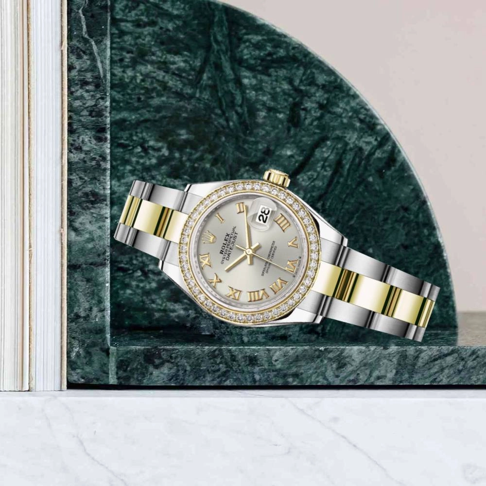 Rolex Lady-Datejust 28mm - Ref: 279383rbr-0006 - Silver Roman Dial & Diamond Bezel, Two Tone Stainless Steel & 18K Yellow Gold Oyster Bracelet Women's Watch
