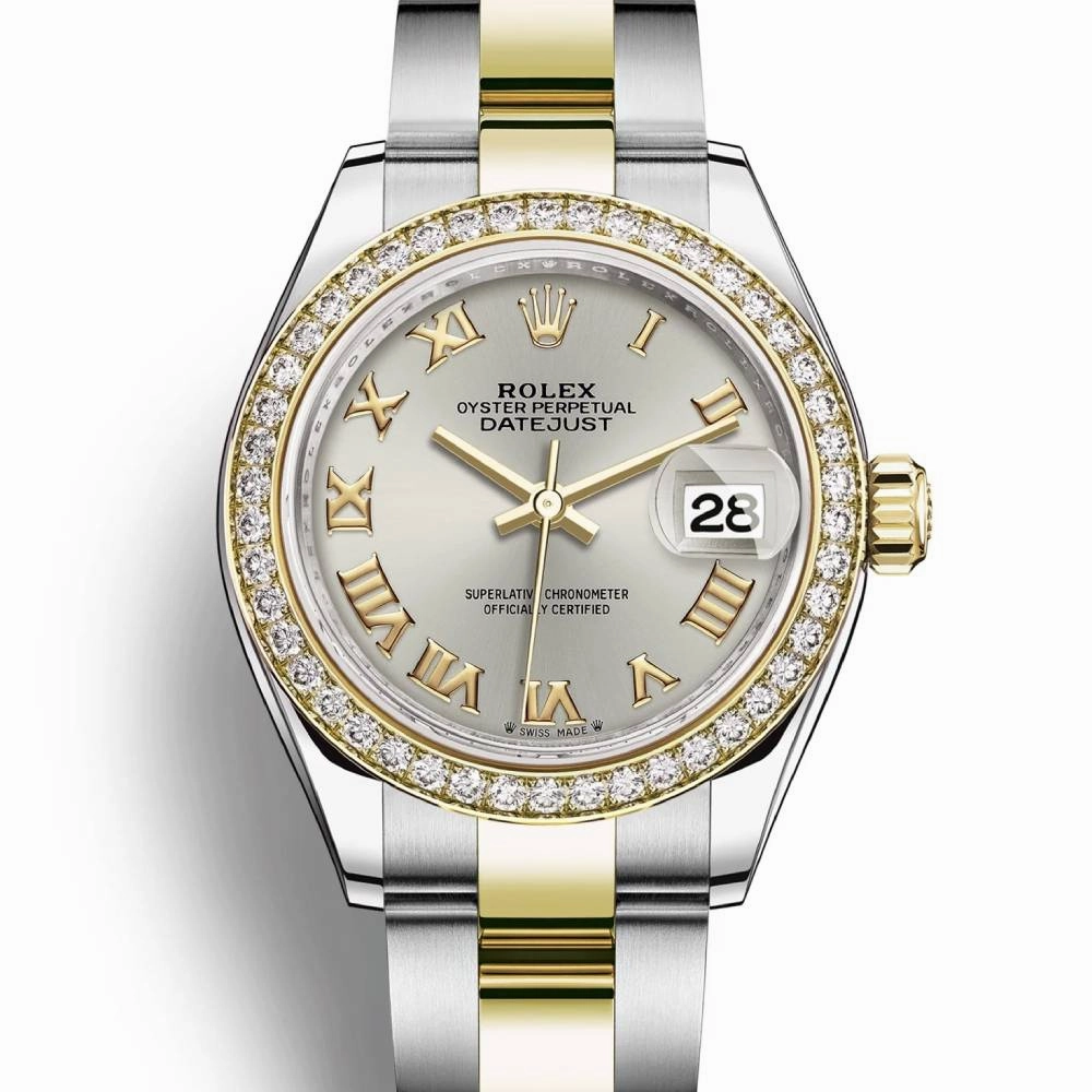 Rolex Lady-Datejust 28mm - Ref: 279383rbr-0006 - Silver Roman Dial & Diamond Bezel, Two Tone Stainless Steel & 18K Yellow Gold Oyster Bracelet Women's Watch