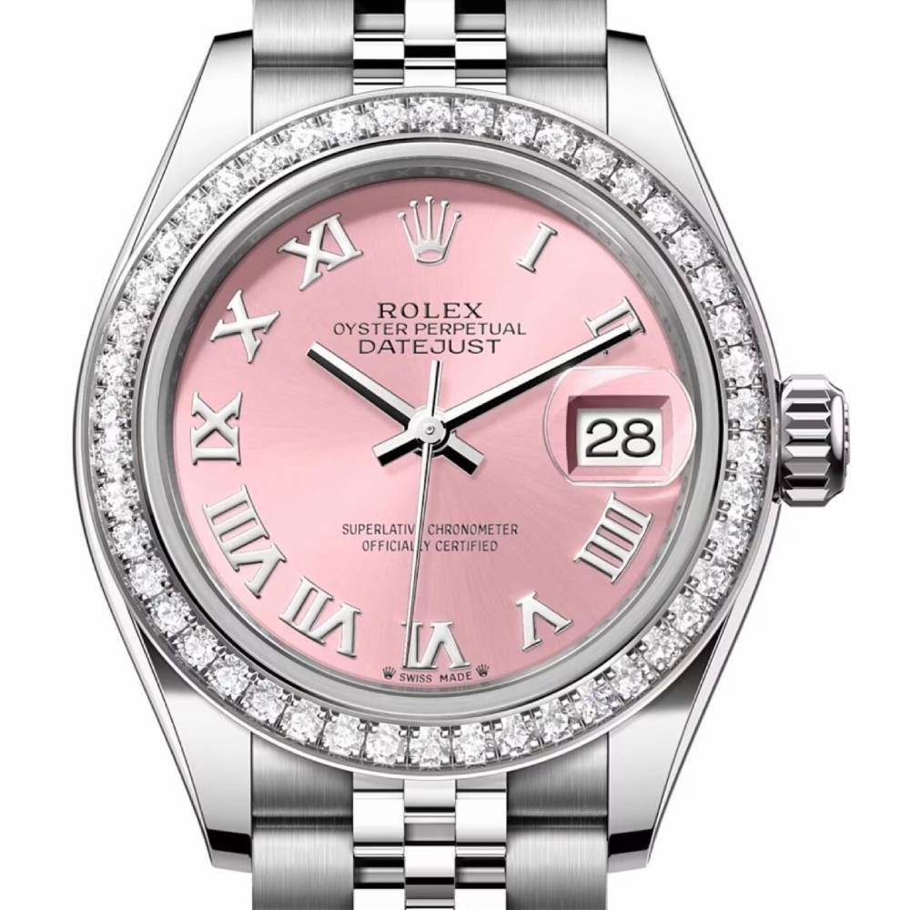 Rolex Lady-Datejust 28mm - Ref: 279384rbr-0005 - Pink Roman Dial & Diamond Bezel, Stainless Steel Jubilee Bracelet Women's Watch