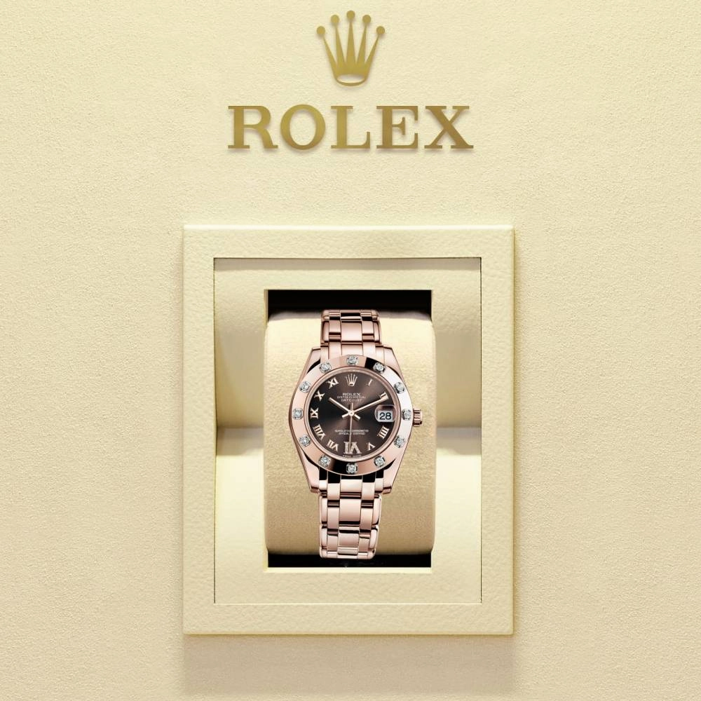 Rolex Pearlmaster 34mm - Ref: 81315-0003 - Chocolate Roman Diamond Dial & Diamond Bezel, 18K Rose Gold Bracelet Women's Watch
