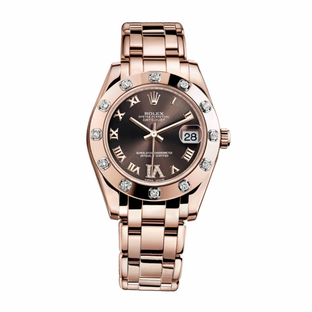 Rolex Pearlmaster 34mm - Ref: 81315-0003 - Chocolate Roman Diamond Dial & Diamond Bezel, 18K Rose Gold Bracelet Women's Watch