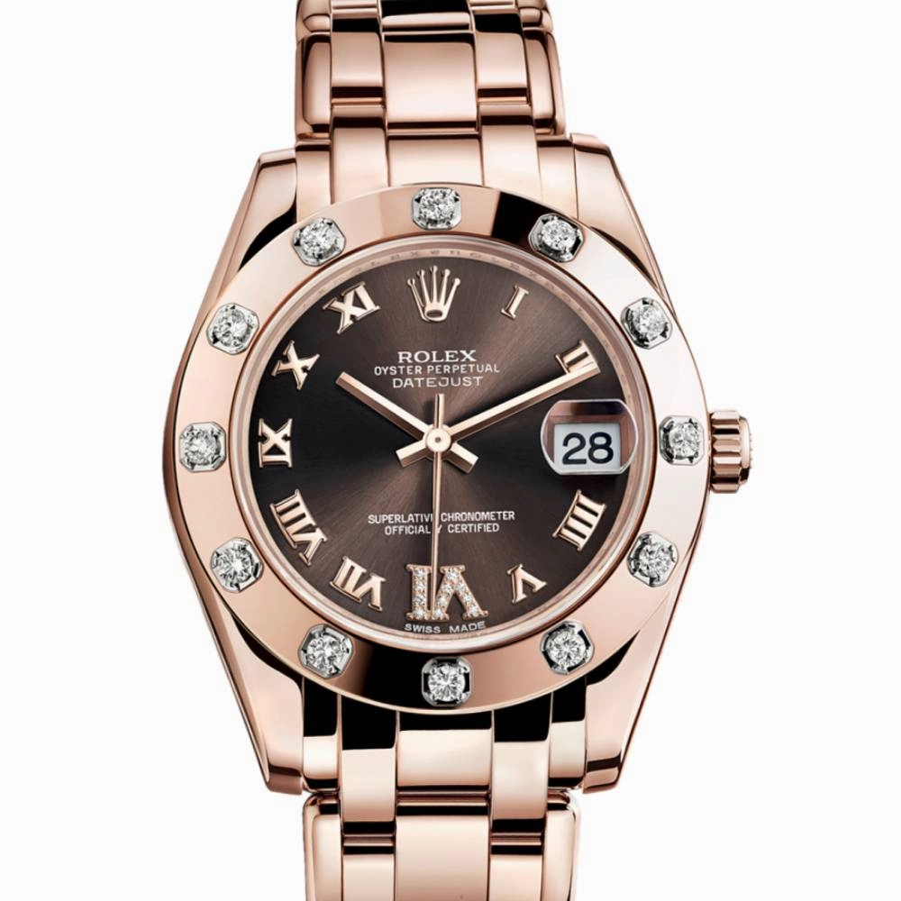 Rolex Pearlmaster 34mm - Ref: 81315-0003 - Chocolate Roman Diamond Dial & Diamond Bezel, 18K Rose Gold Bracelet Women's Watch