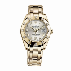 Rolex Pearlmaster 34mm - Ref: 81318-0036 - Silver Roman Diamond Dial & Diamond Bezel, 18K Yellow Gold Bracelet Women's Watch