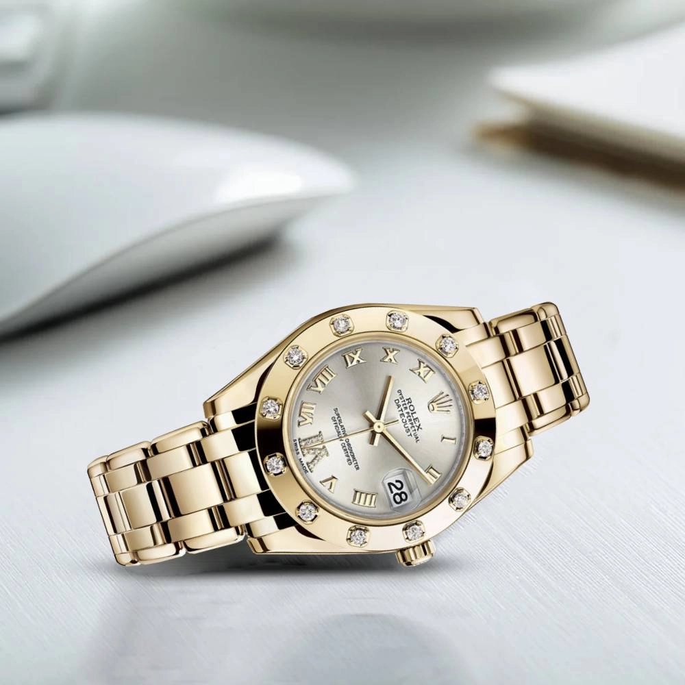 Rolex Pearlmaster 34mm - Ref: 81318-0036 - Silver Roman Diamond Dial & Diamond Bezel, 18K Yellow Gold Bracelet Women's Watch