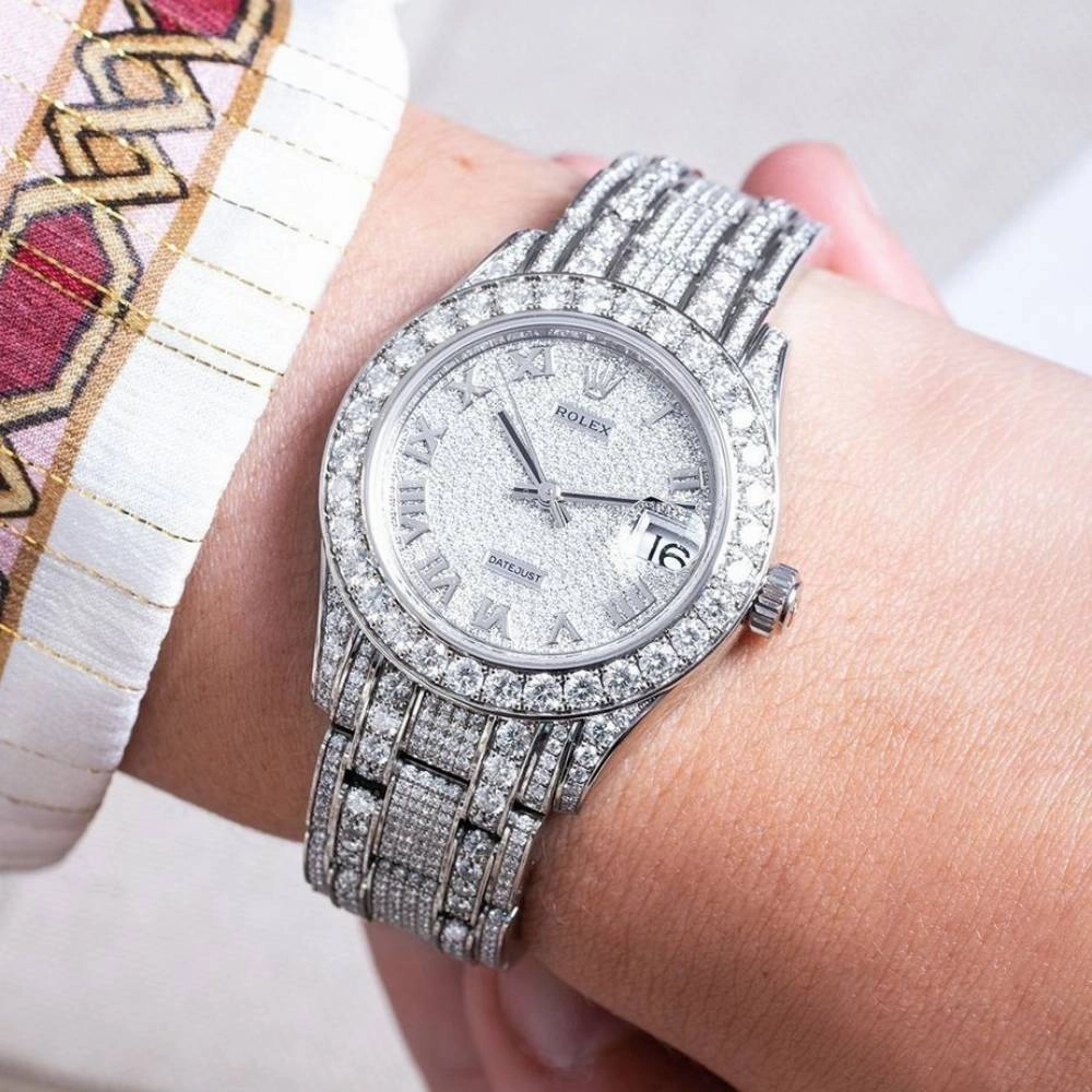 Rolex Pearlmaster 34mm - Ref: 81409rbr-0001 - Pave Roman Diamond Dial, Diamond Bezel & Diamond Case, 18K White Gold Diamond Bracelet Women's Watch