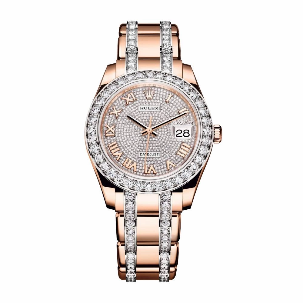 Rolex Pearlmaster 39mm - Ref: 86285-0001 - Pave Roman Diamond Dial & Diamond Bezel, 18K Rose Gold Diamond Bracelet Women's Watch