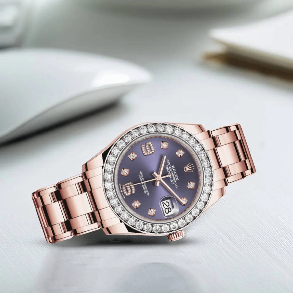 Rolex Pearlmaster 39mm - Ref: 86285-0004 - Aubergine Purple Roman Diamond Dial & Diamond Bezel, 18K Rose Gold Diamond Bracelet Women's Watch