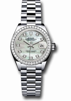 Rolex Platinum Lady-Datejust 28 Watch - 44 Diamond Bezel - Mother-of-Pearl Diamond Dial - President Bracelet - 279136RBR mdp