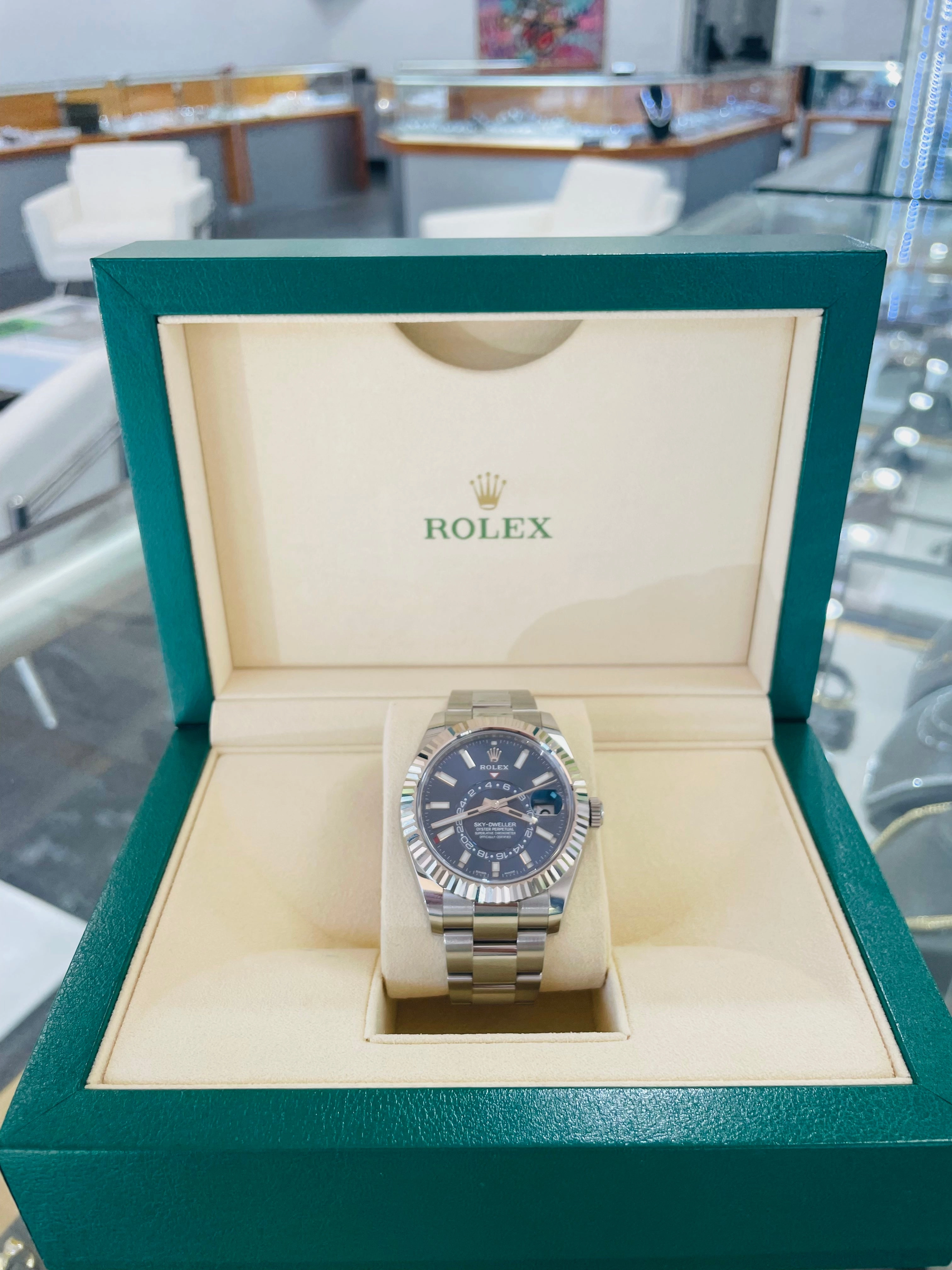Rolex Sky-Dweller 326934 BLUSO Blue Dial Stainless Steel 42mm 18k White Gold Bezel PAPERS MINT