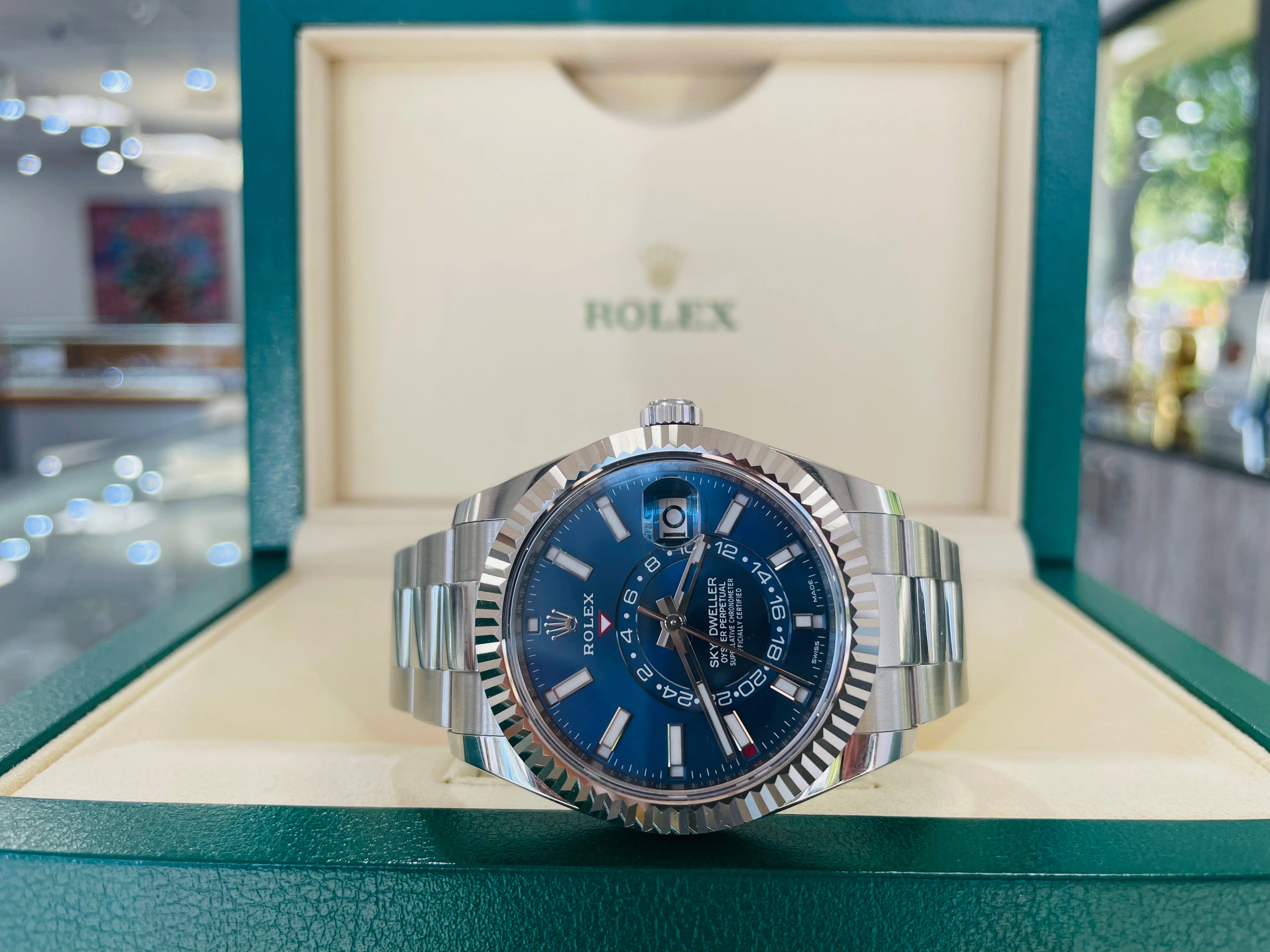 Rolex Sky-Dweller 326934 BLUSO Blue Dial Stainless Steel 42mm 18k White Gold Bezel PAPERS MINT