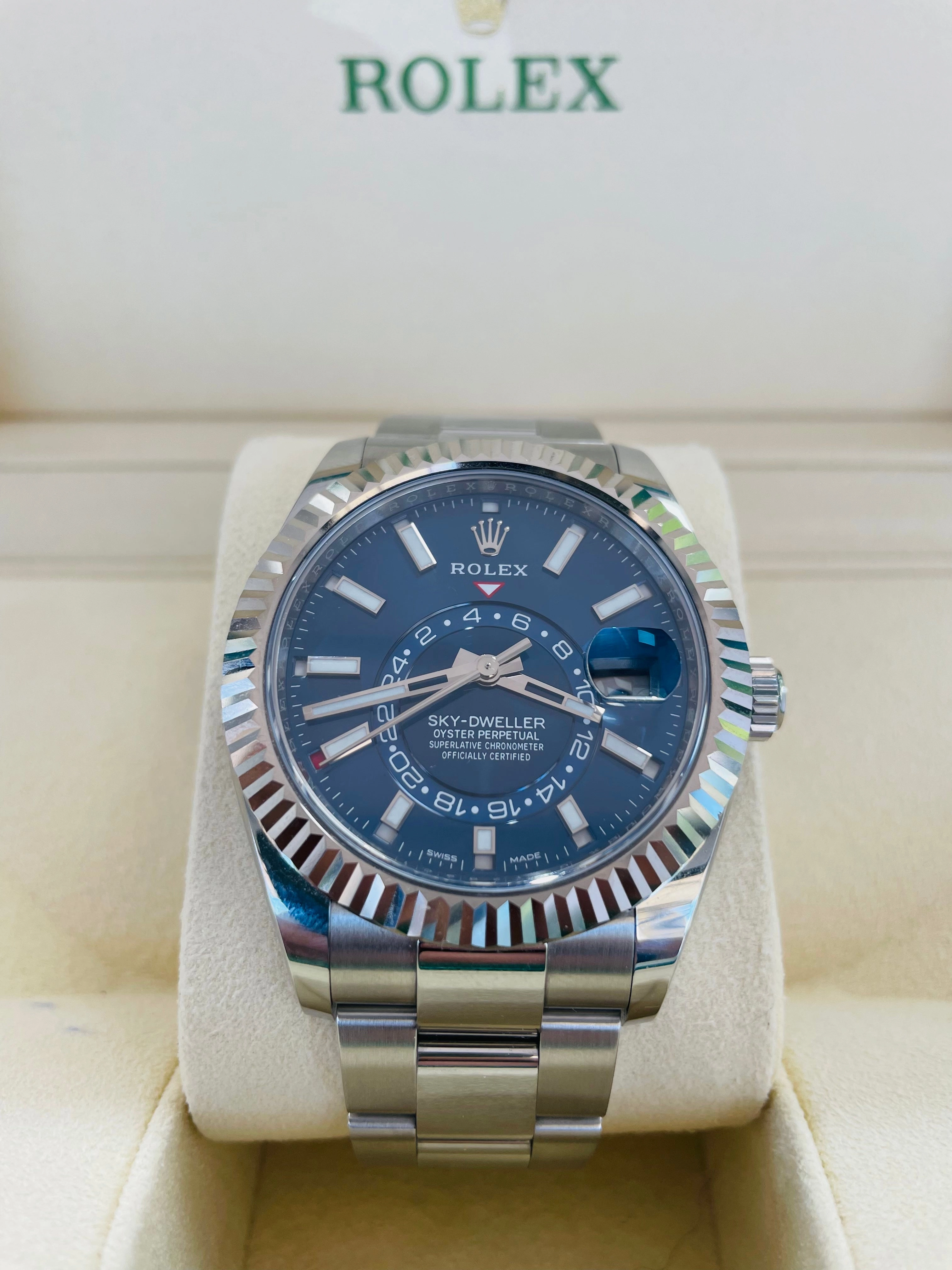 Rolex Sky-Dweller 326934 BLUSO Blue Dial Stainless Steel 42mm 18k White Gold Bezel PAPERS MINT