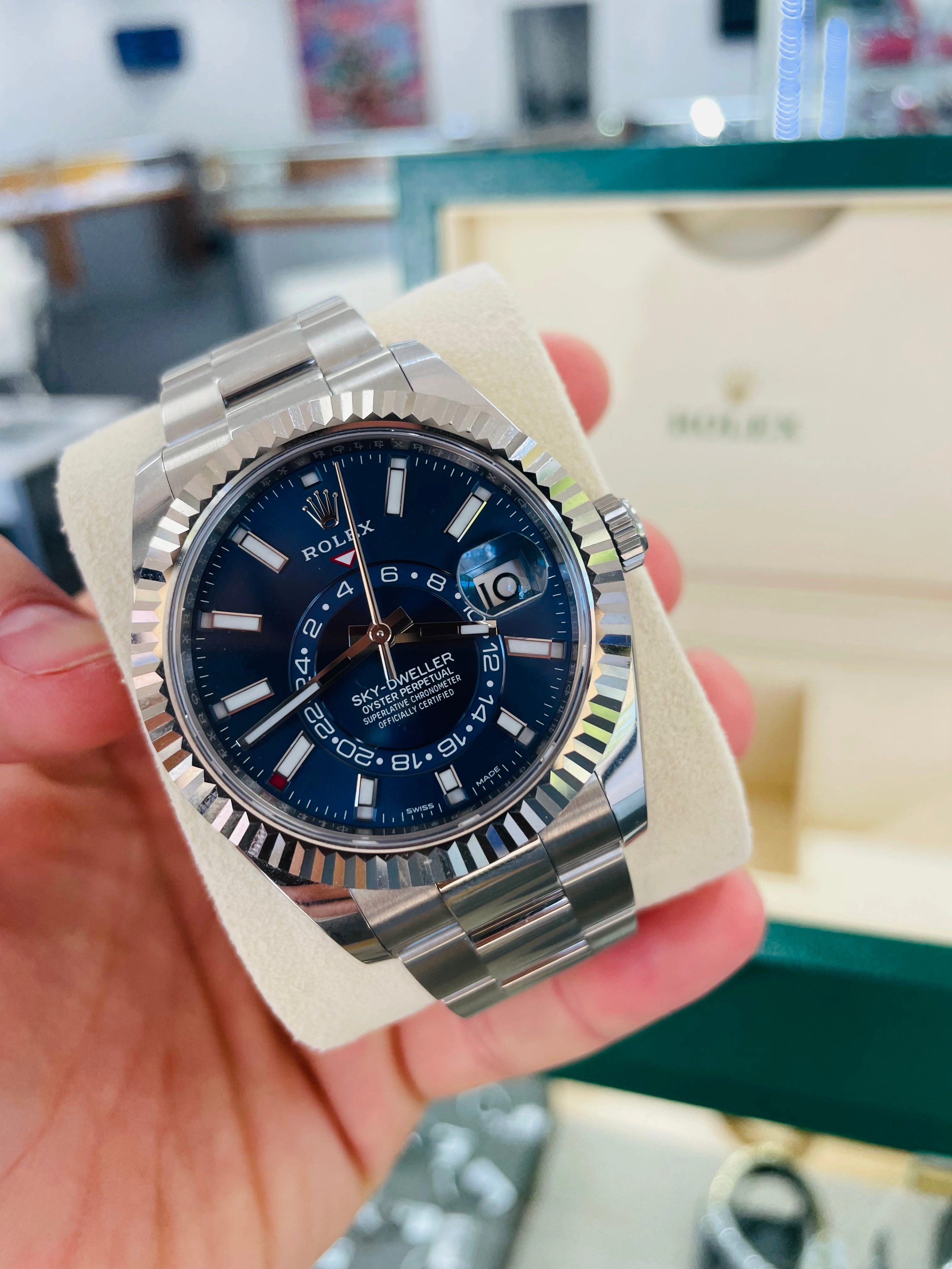 Rolex Sky-Dweller 326934 BLUSO Blue Dial Stainless Steel 42mm 18k White Gold Bezel PAPERS MINT