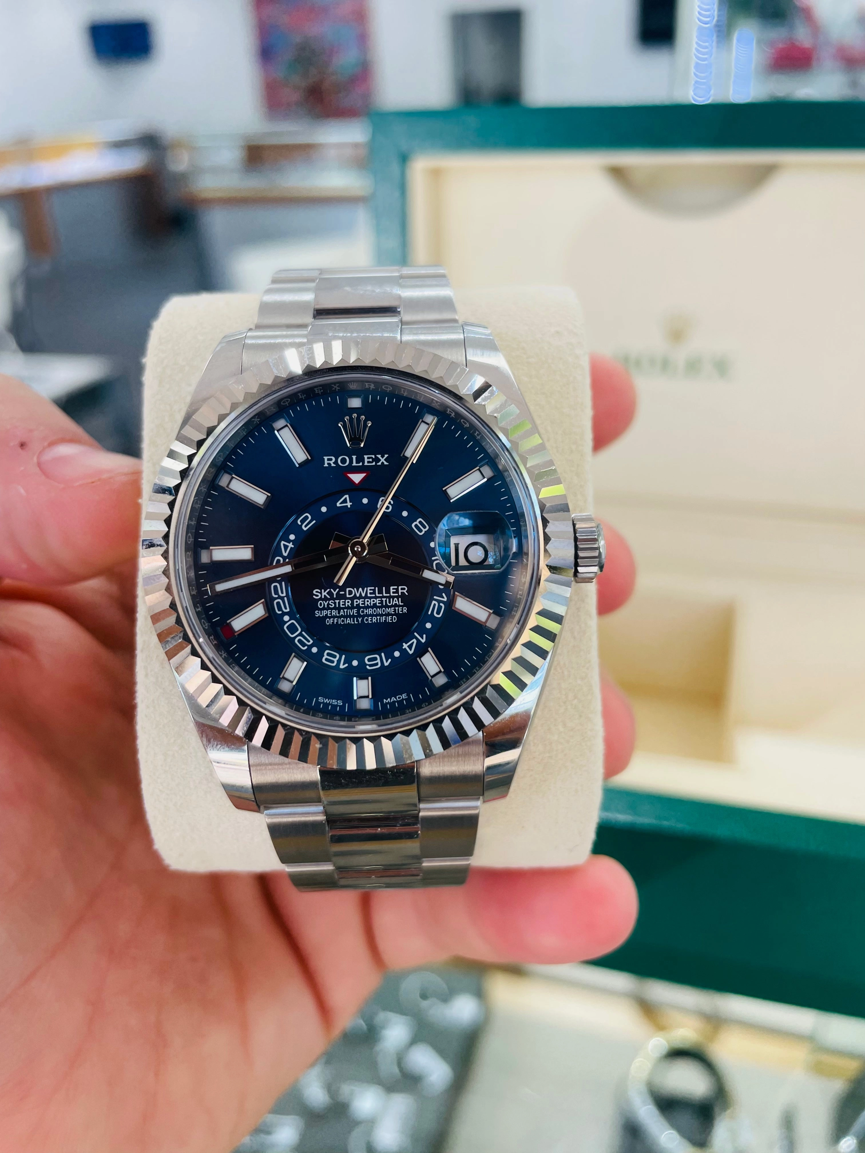 Rolex Sky-Dweller 326934 BLUSO Blue Dial Stainless Steel 42mm 18k White Gold Bezel PAPERS MINT