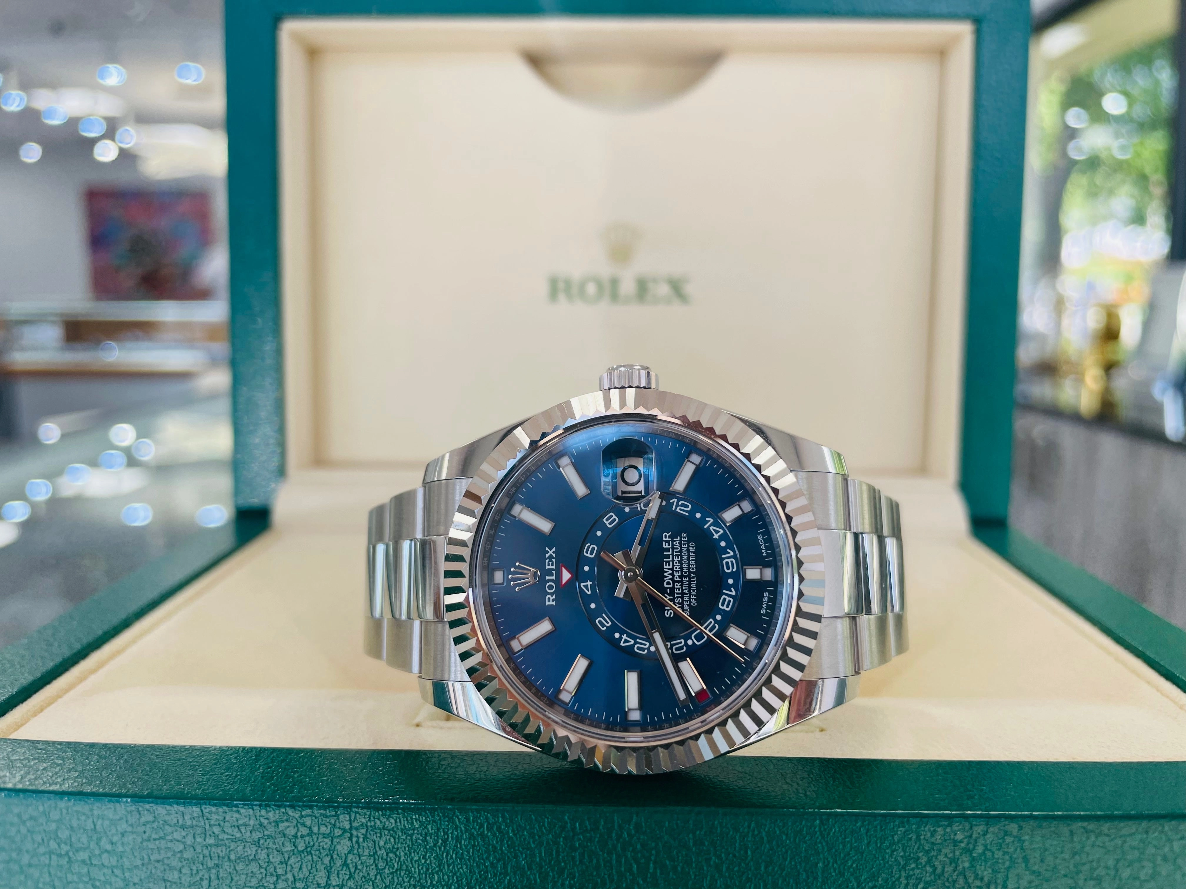 Rolex Sky-Dweller 326934 BLUSO Blue Dial Stainless Steel 42mm 18k White Gold Bezel PAPERS MINT