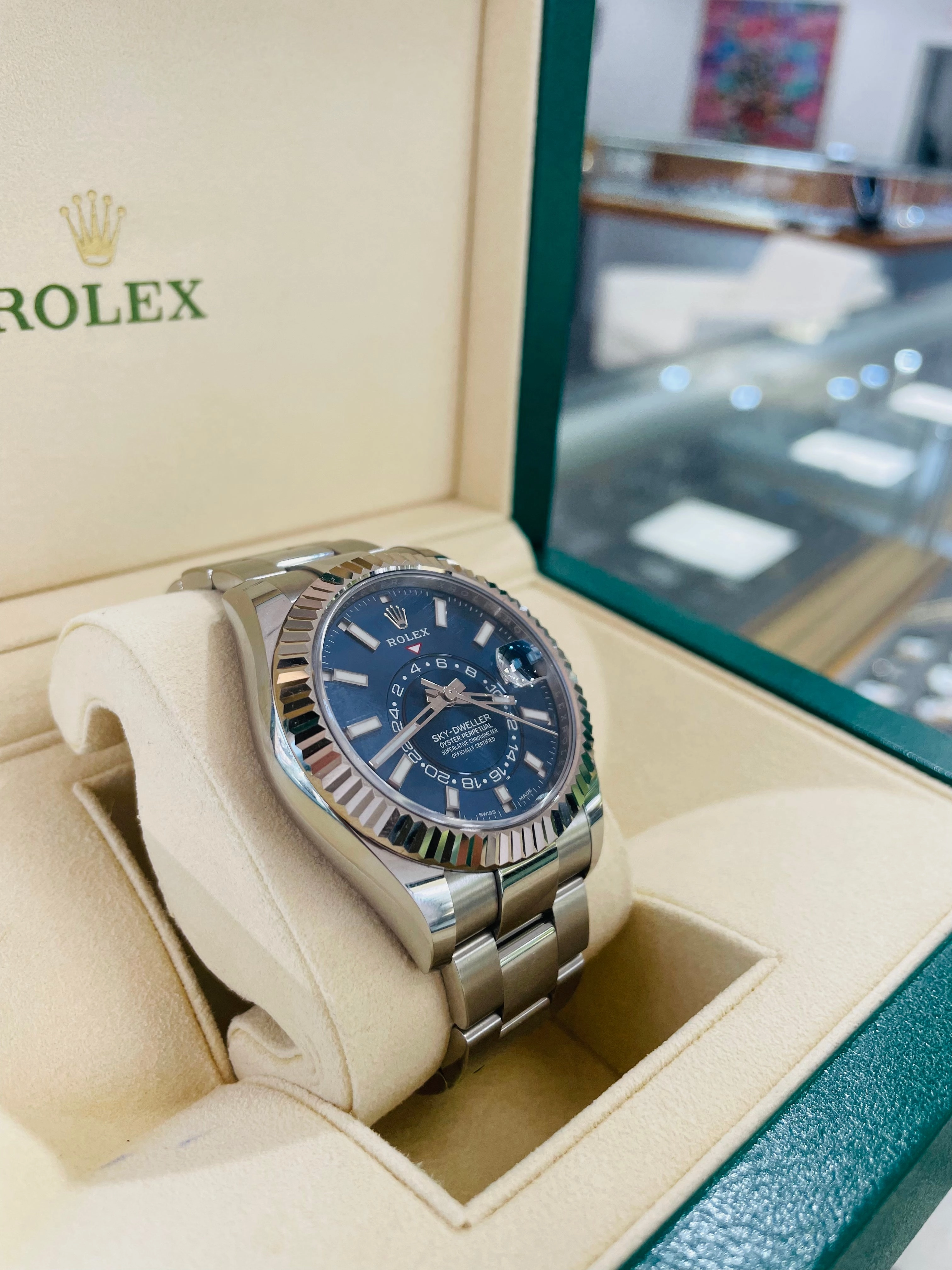 Rolex Sky-Dweller 326934 BLUSO Blue Dial Stainless Steel 42mm 18k White Gold Bezel PAPERS MINT