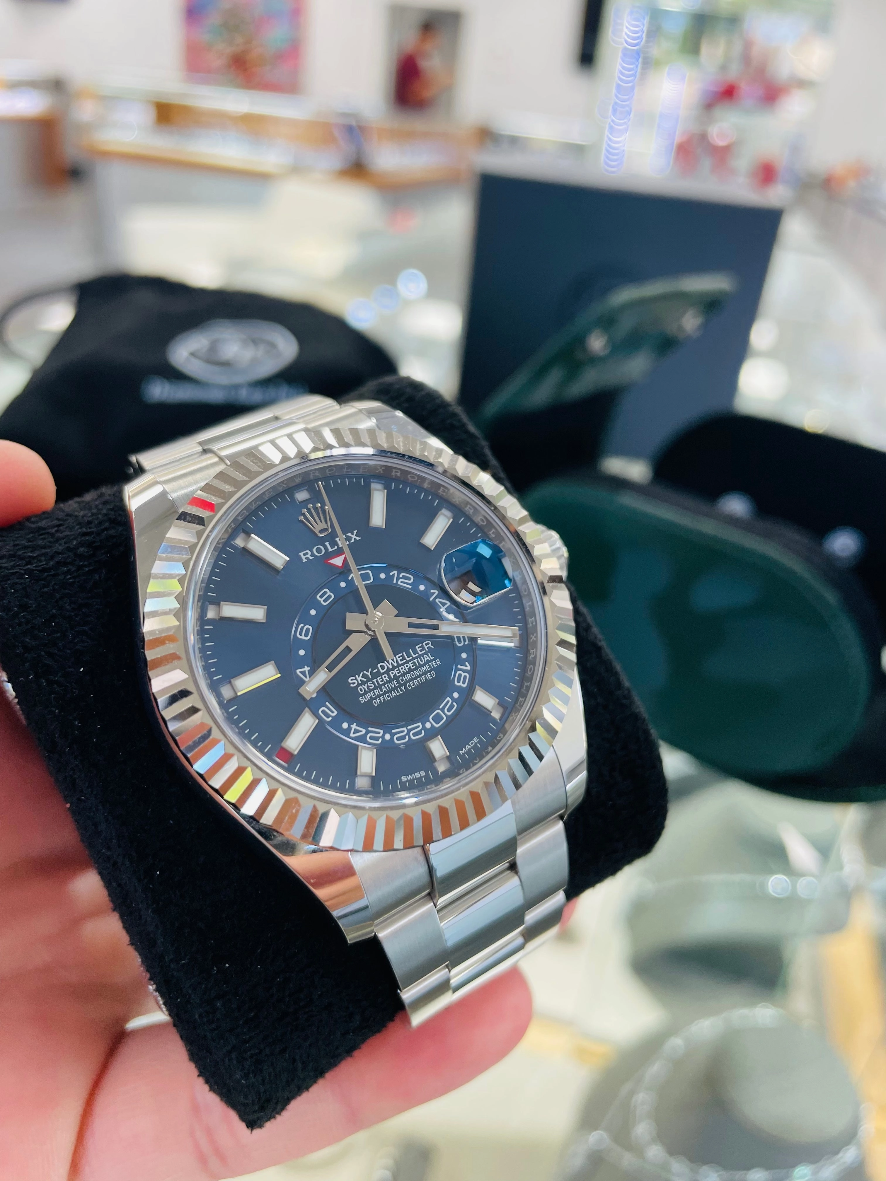 Rolex Sky-Dweller 326934 BLUSO Blue Dial Stainless Steel 42mm 18k White Gold Bezel PAPERS MINT