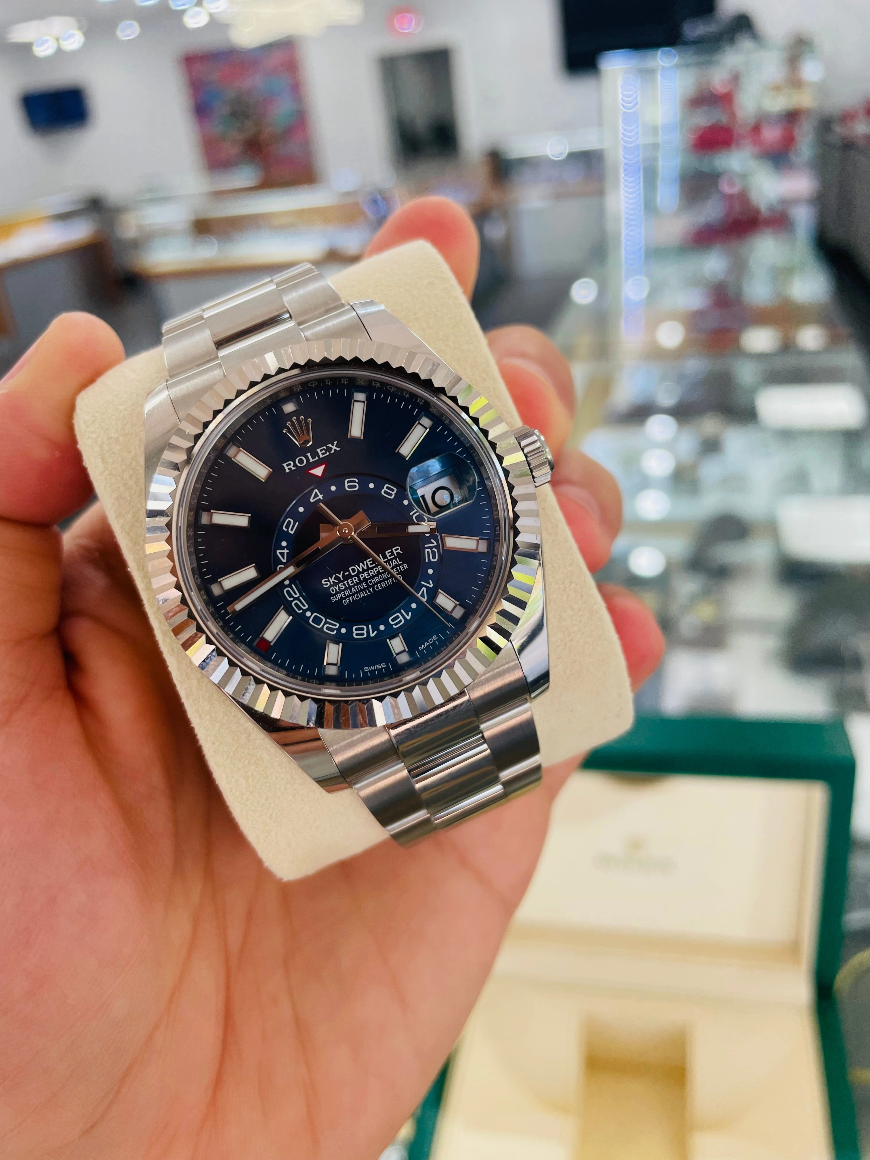 Rolex Sky-Dweller 326934 BLUSO Blue Dial Stainless Steel 42mm 18k White Gold Bezel PAPERS MINT