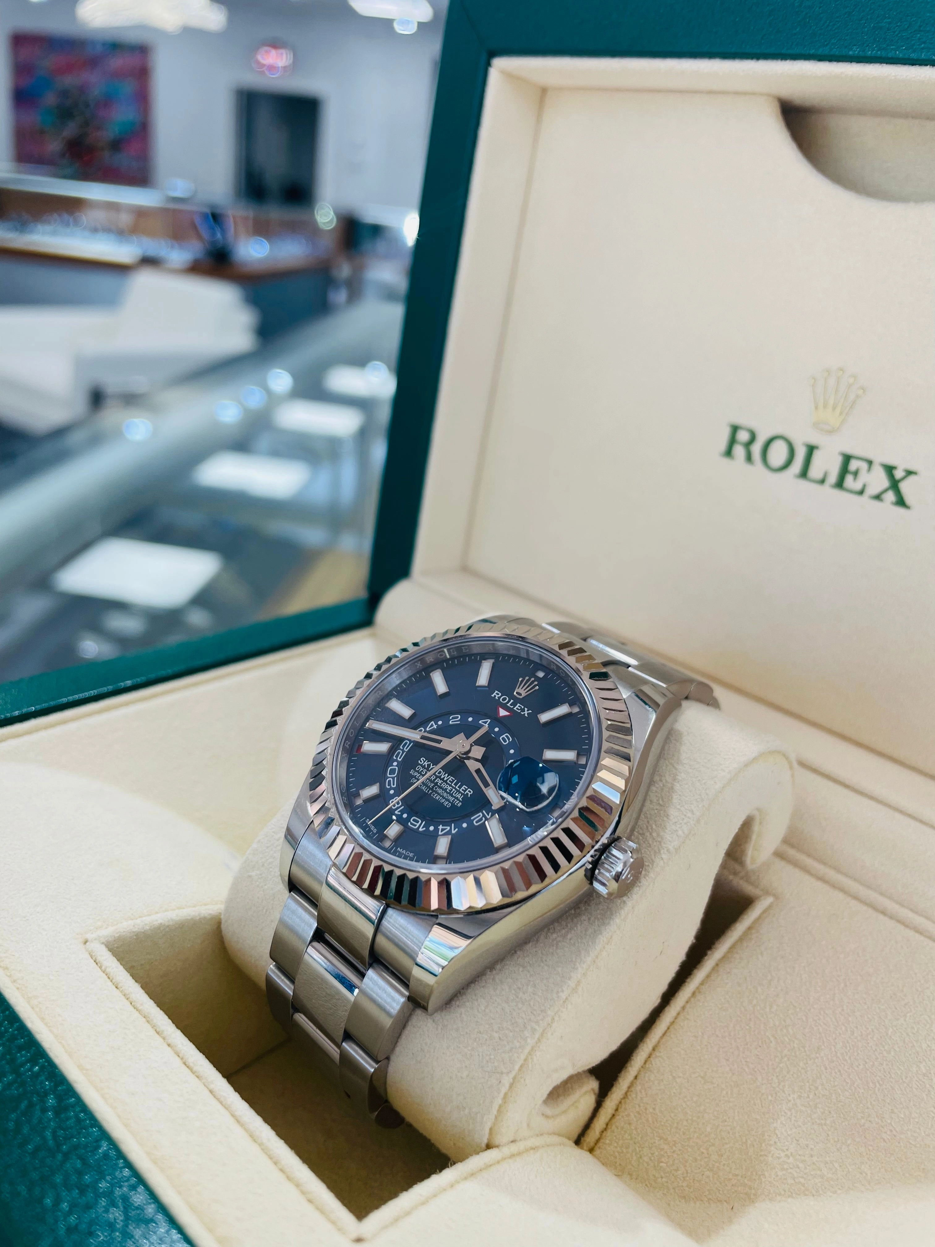Rolex Sky-Dweller 326934 BLUSO Blue Dial Stainless Steel 42mm 18k White Gold Bezel PAPERS MINT