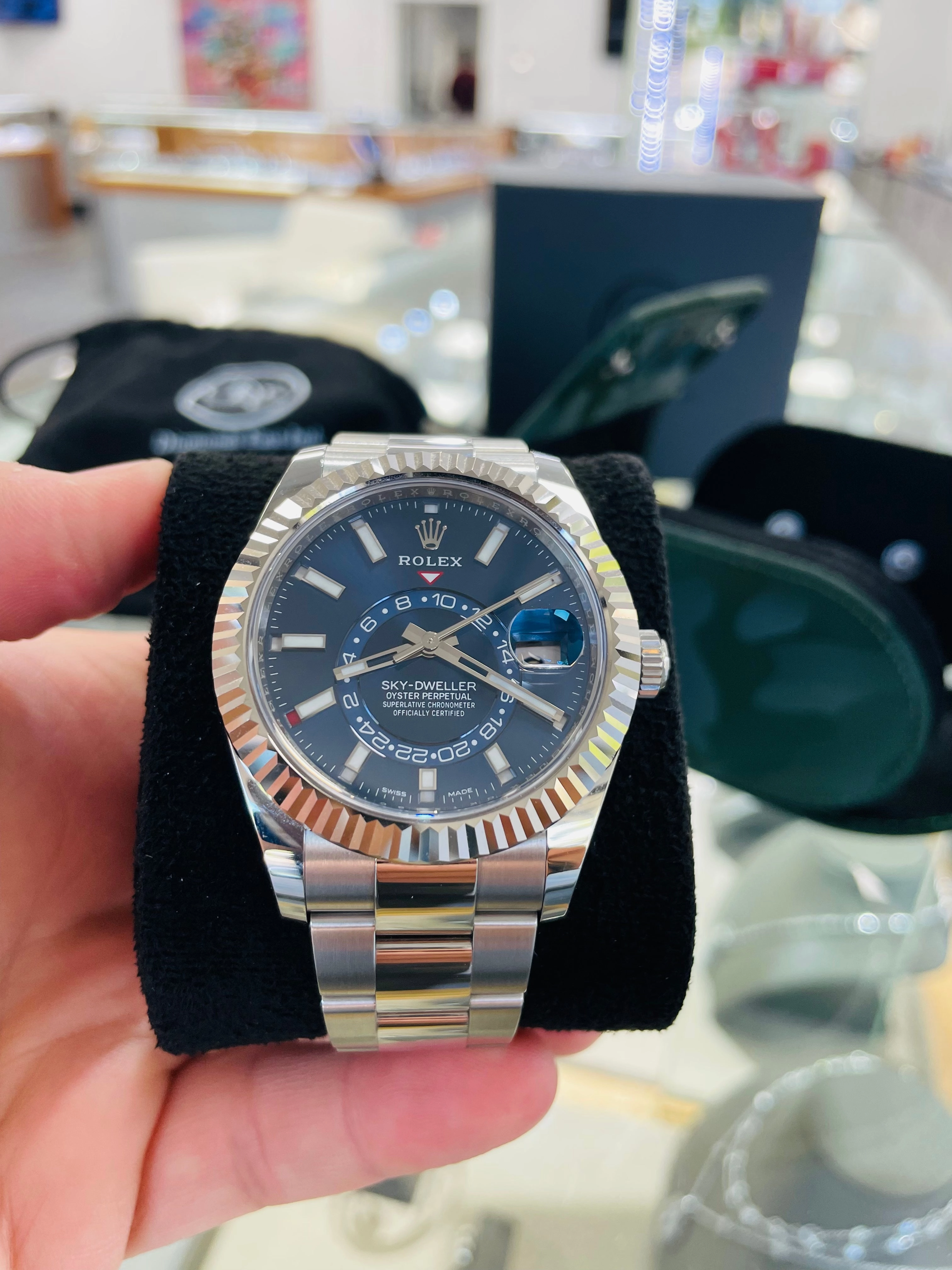 Rolex Sky-Dweller 326934 BLUSO Blue Dial Stainless Steel 42mm 18k White Gold Bezel PAPERS MINT