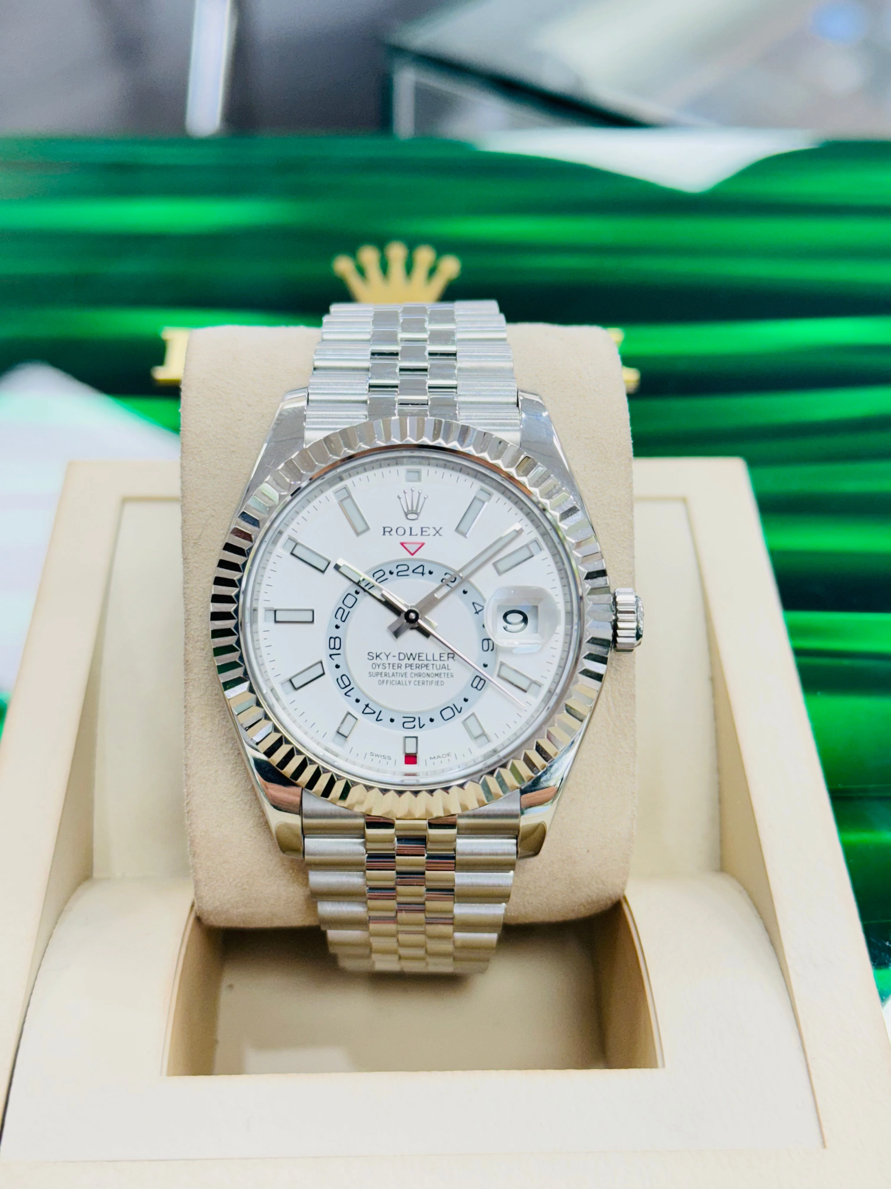 Rolex Sky-Dweller 326934 Jubilee Bracelet White Dial 18K White Gold Bezel Watch