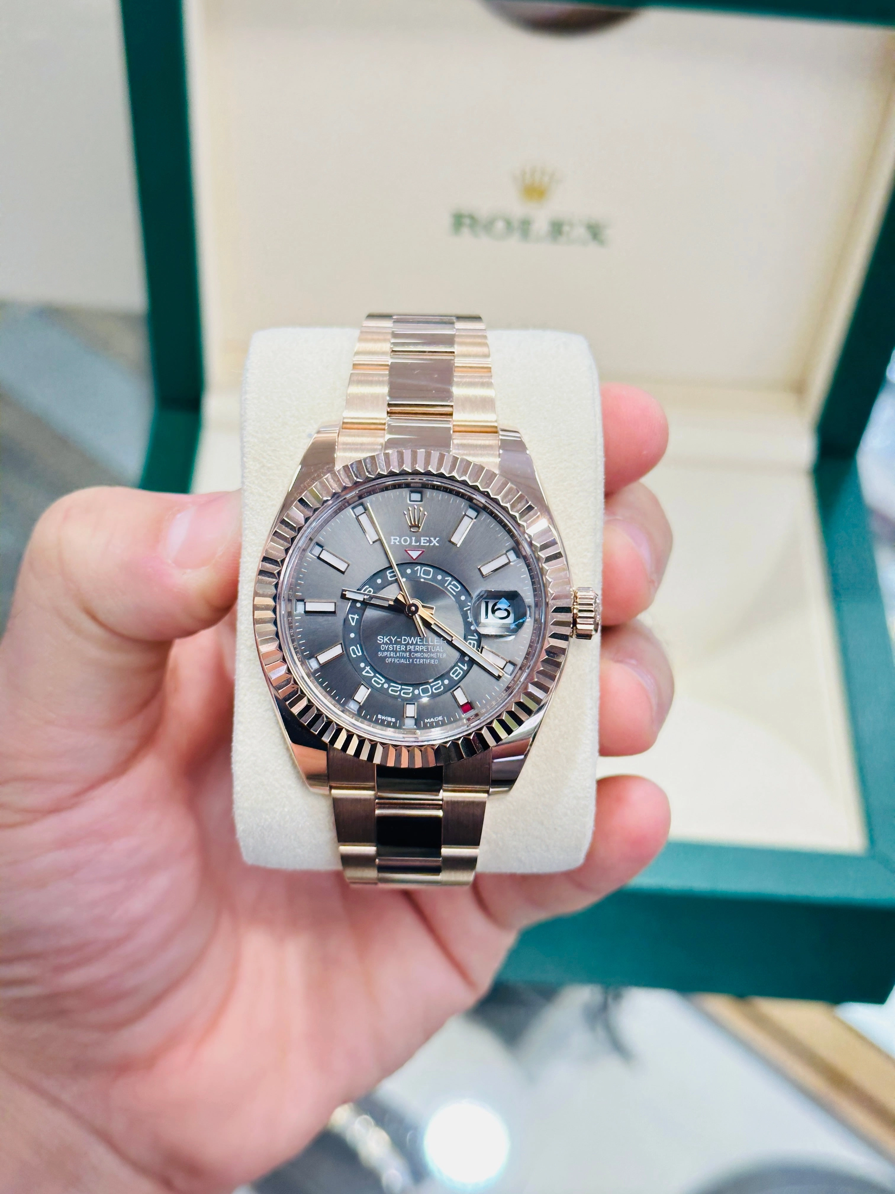 Rolex Sky-Dweller 326935 EverRose Gold Grey Rhodium Dial 42mm MINT Box /Papers